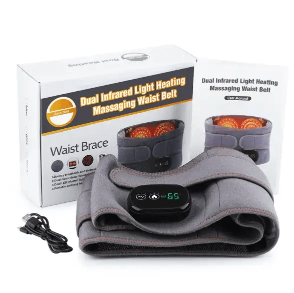 Electric heating massage belt with user manual and USB charging cable, ideal for comfort and relaxation.