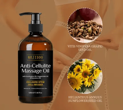 Anti-Cellulite Massage Oil with natural ingredients for skin nourishment and smoothing benefits.