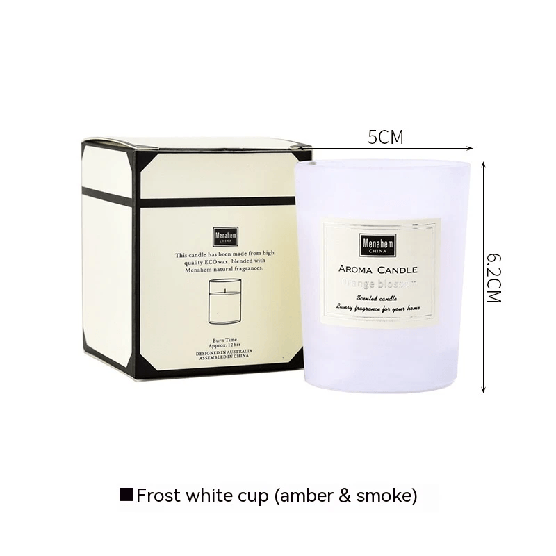 Handmade aromatherapy candle in frosted white cup with packaging, designed for fresh air and relaxation.