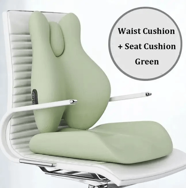 Massage heating backrest with lumbar support, featuring a waist and seat cushion in green color.