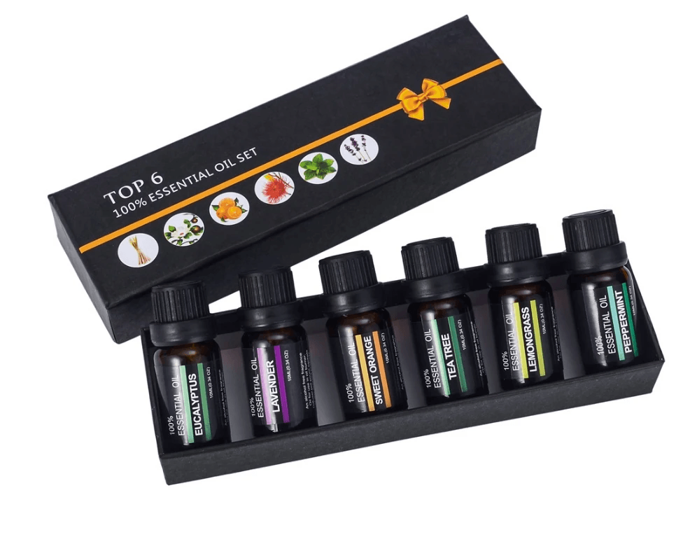 Essential oil blends for relaxation set featuring six 10ml bottles of pure oils including eucalyptus and lemongrass.