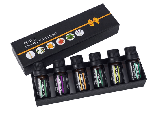 Essential oil blends for relaxation set featuring six 10ml bottles of pure oils including eucalyptus and lemongrass.