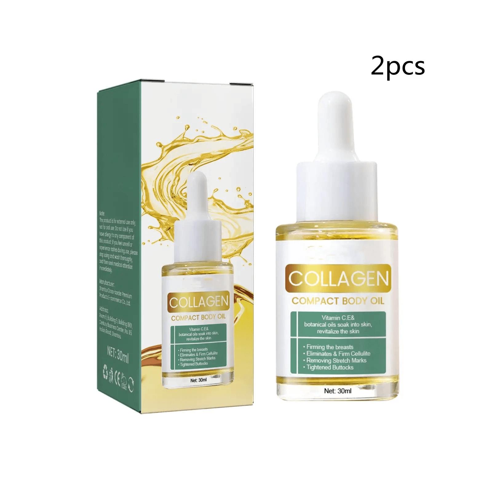 Collagen Body Treatment Oil in a glass dropper bottle with packaging, promoting skin hydration and elasticity.