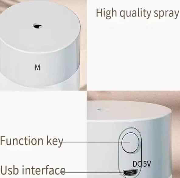 Ultrasonic air humidifier diffuser showing high quality spray, function key, and USB interface.