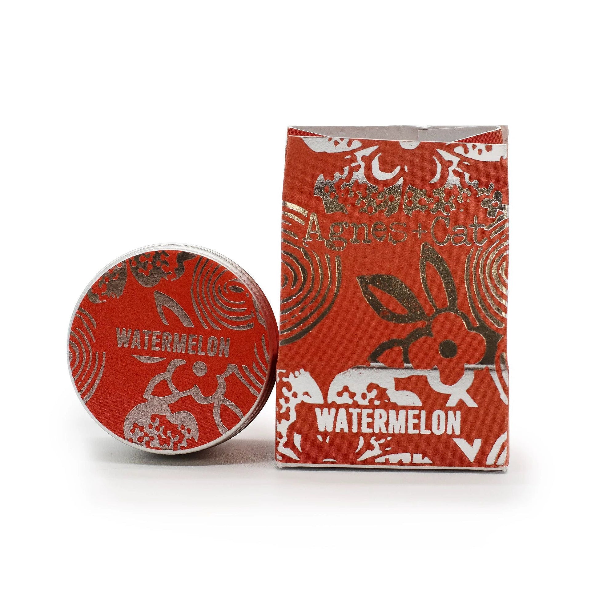Agnes + Cat watermelon lip balm UK in compact aluminium tin with decorative packaging.