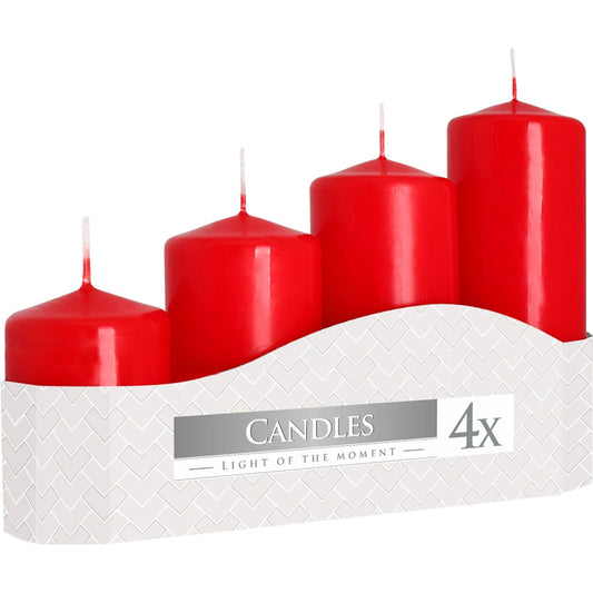 Set of 4 Pillar Candles 50mm (11/16/22/33H) - Red by AW Dropship UK
