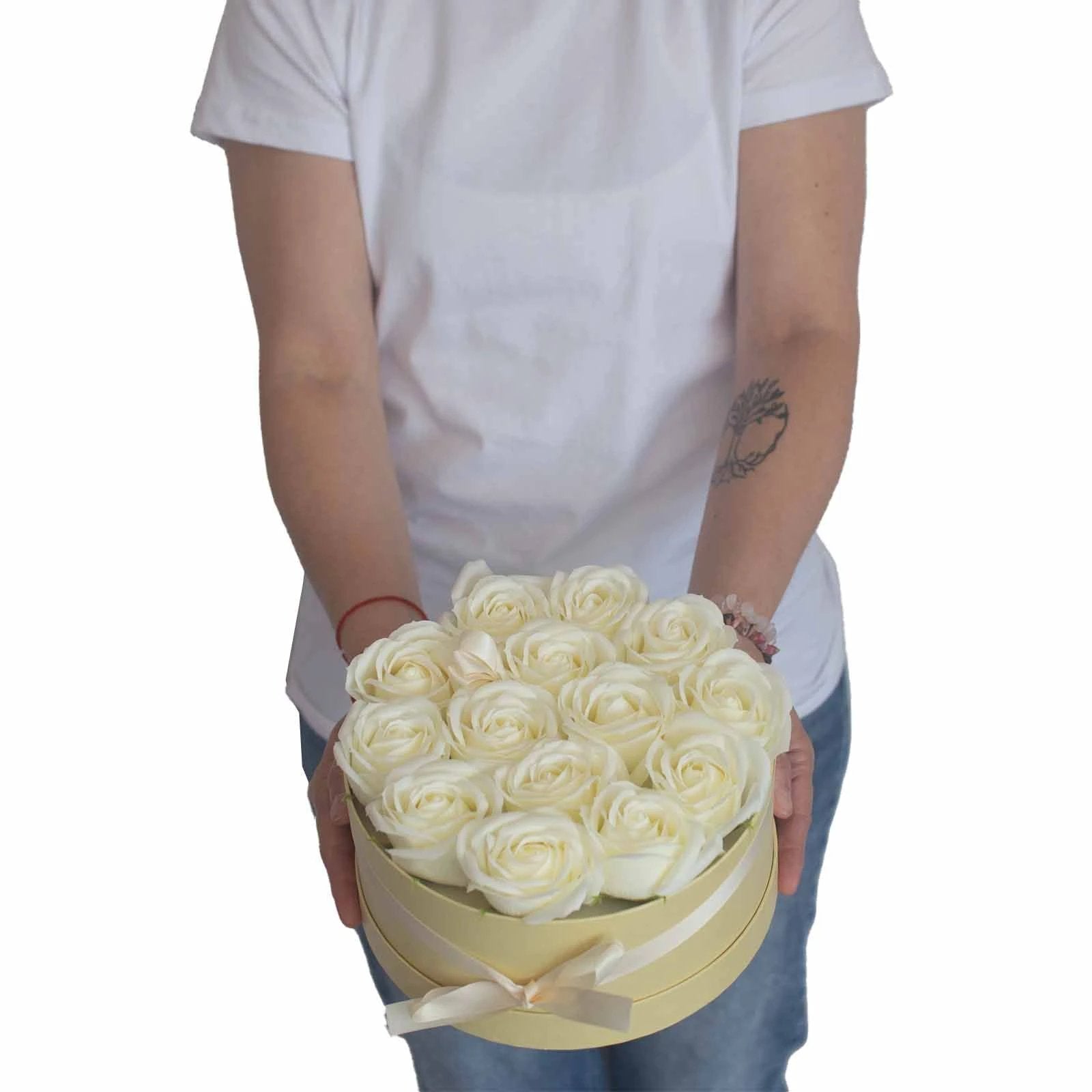 Soap Flower Gift Bouquet - 13 Cream Roses - Heart by AW Dropship UK