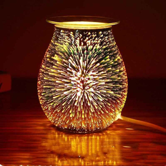 Aromatherapy lamp with candle burner illuminating colorful fireworks patterns, enhancing home ambiance.