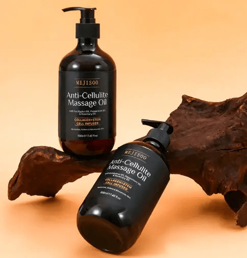 Anti-Cellulite Massage Oil bottles on a wooden surface with a soft background.