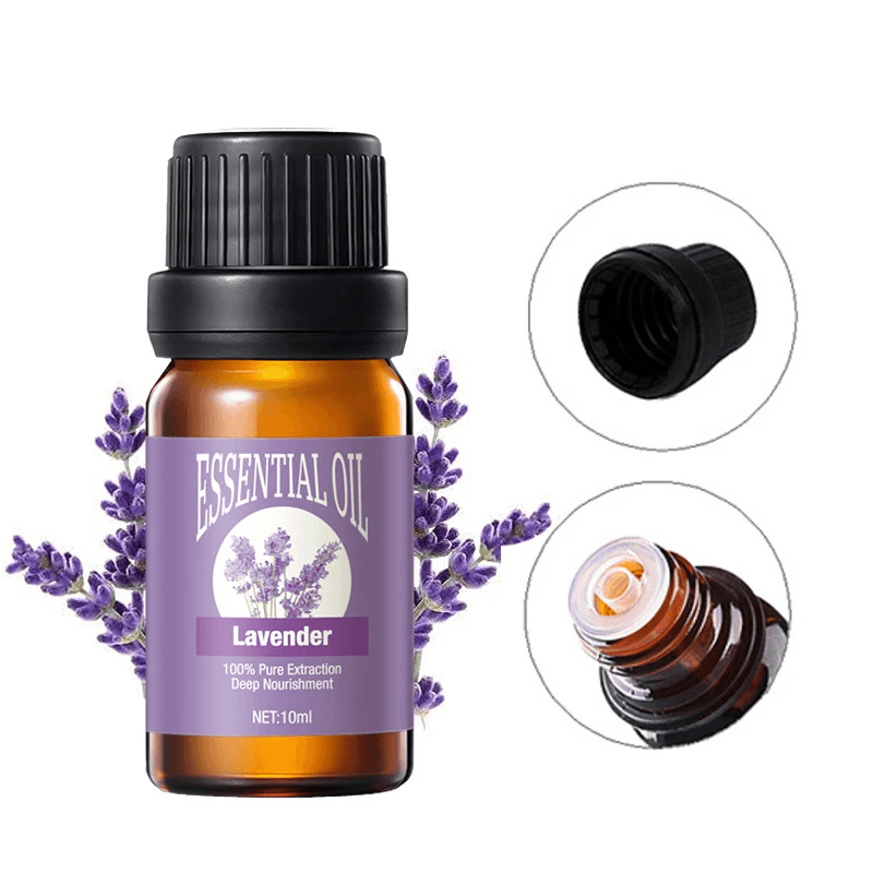 ARTISCARE Lavender Essential Oil for Aromatherapy bottle with lavender flowers and detailed cap views.