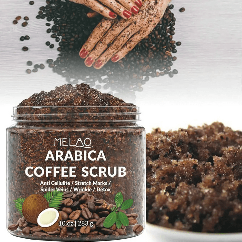 Coffee body scrub in a jar with coffee grounds and hands, ideal for rejuvenating skin and improving texture.
