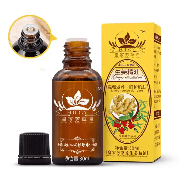 Ginger massage oil in an amber bottle with packaging, suitable for relaxation and all skin types.
