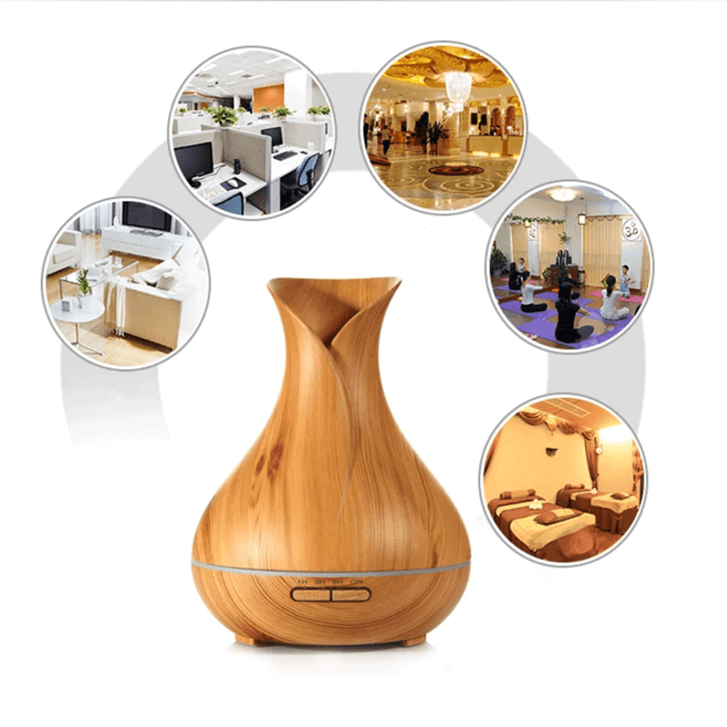 Wood Grain Aromatherapy Diffuser and Humidifier in stylish designs for various settings
