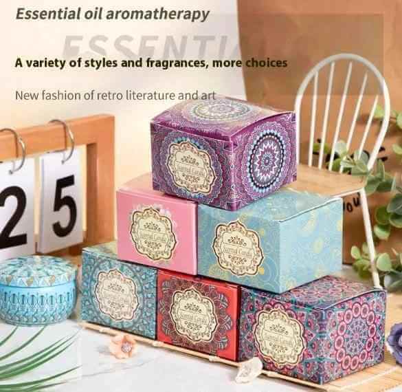 Aromatherapy essential oil candle packaging in various styles and fragrances for home use.
