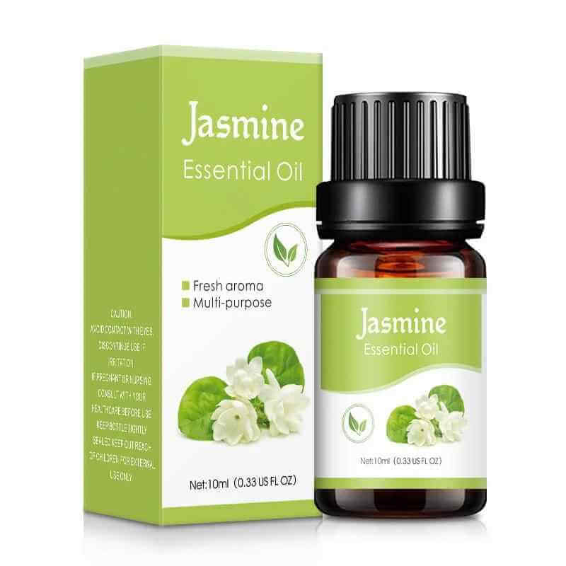 Jasmine essential oil bottle and packaging, promoting fresh aroma and multi-purpose use for aromatherapy car air freshener.