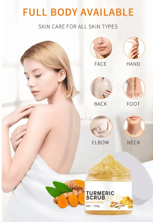 Body scrub for full body care, catering to all skin types, featuring turmeric for face, hands, back, feet, elbows, and neck.