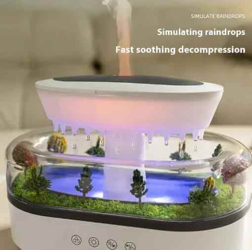 Forest Green Aromatherapy Diffuser simulating raindrops for relaxation and improved air quality.