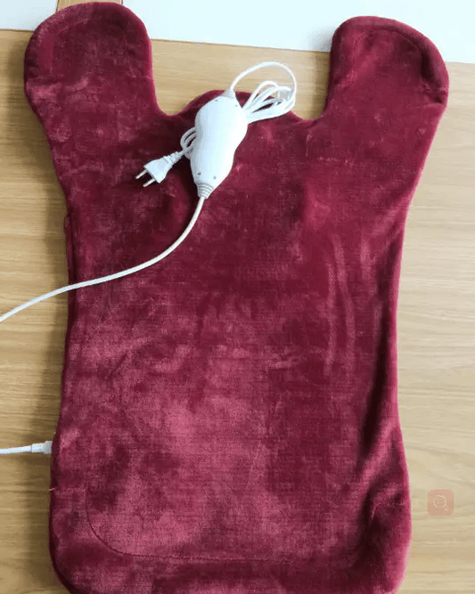 Heated massage shawl in a plush burgundy fabric with a power cord for electric heating.