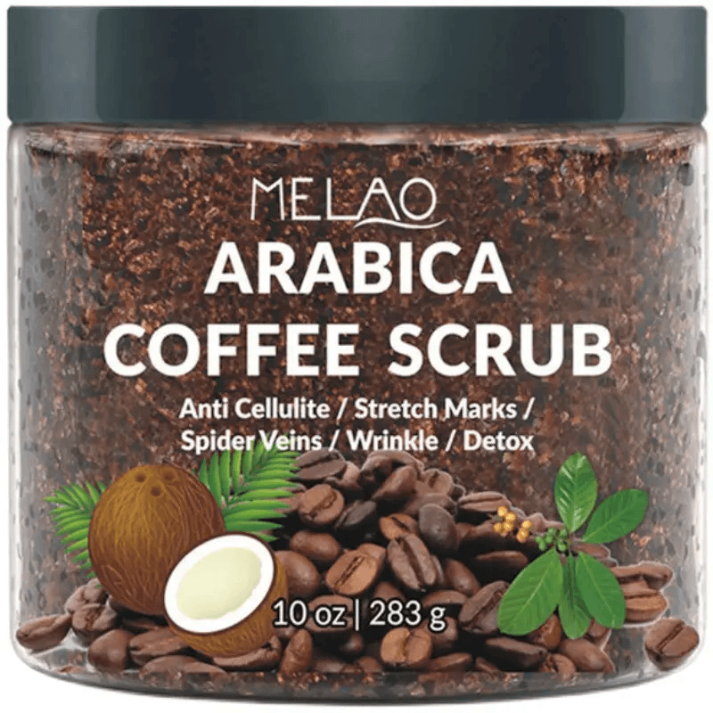 Coffee Body Scrub in a jar with natural ingredients for skin rejuvenation and exfoliation.