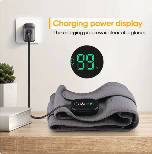 Charging power display of electric heating massage belt shows clear progress while connected to USB charger.