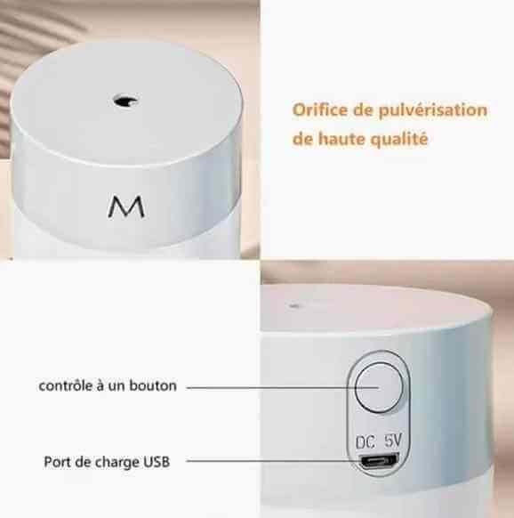 Ultrasonic air humidifier diffuser showing high-quality mist outlet and USB charging port.