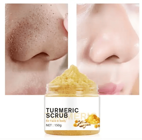 Body scrub jar with turmeric, showcasing skin before and after exfoliation for a smoother complexion.