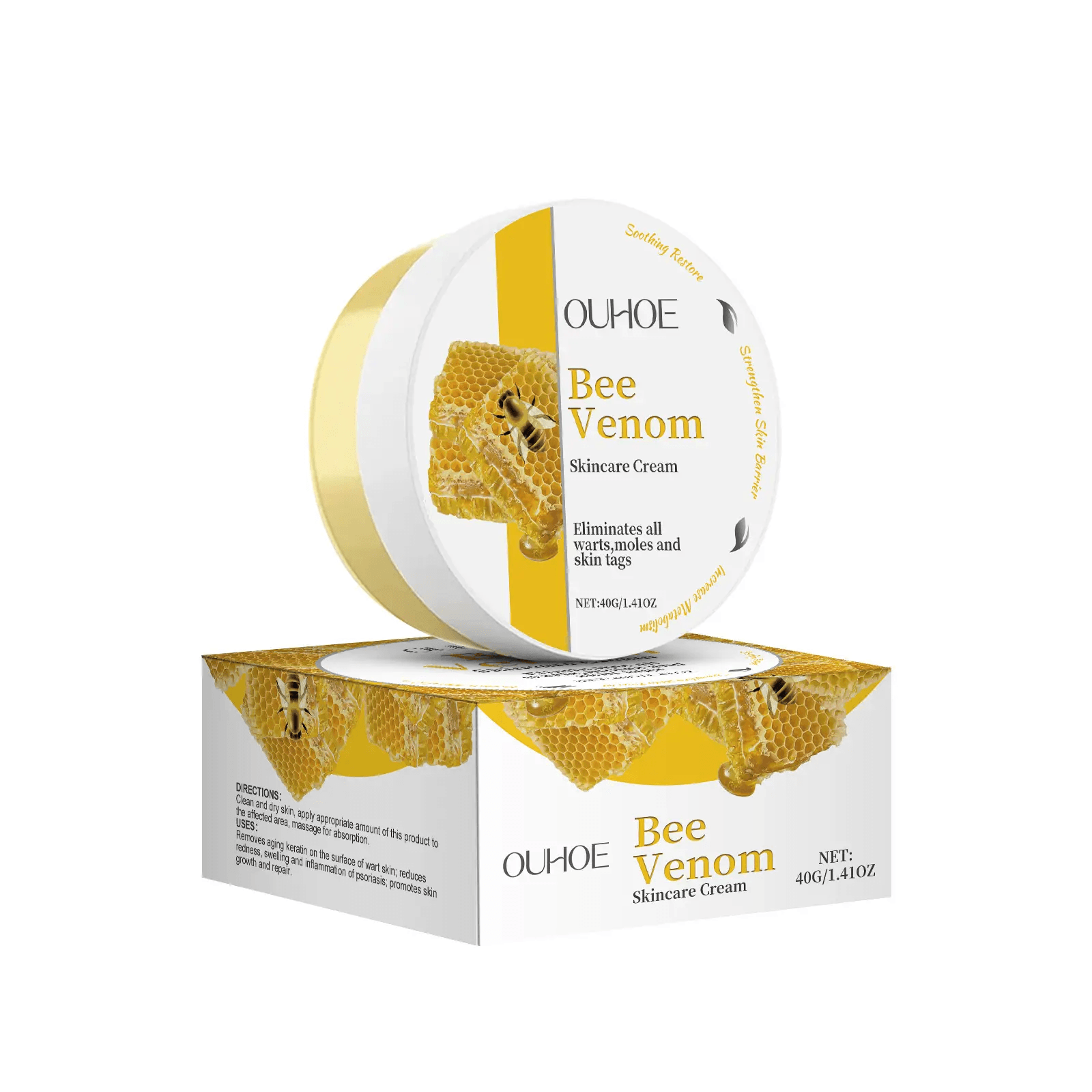 OUHOE Bee Venom skincare cream packaging, designed to eliminate wrinkles, fine lines, and stretch marks.