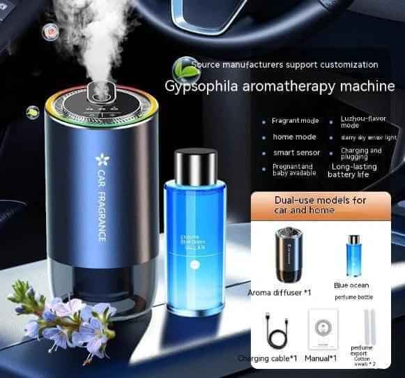 Car aromatherapy spray light with Gypsophila aroma diffuser and essential oil for a soothing car experience.