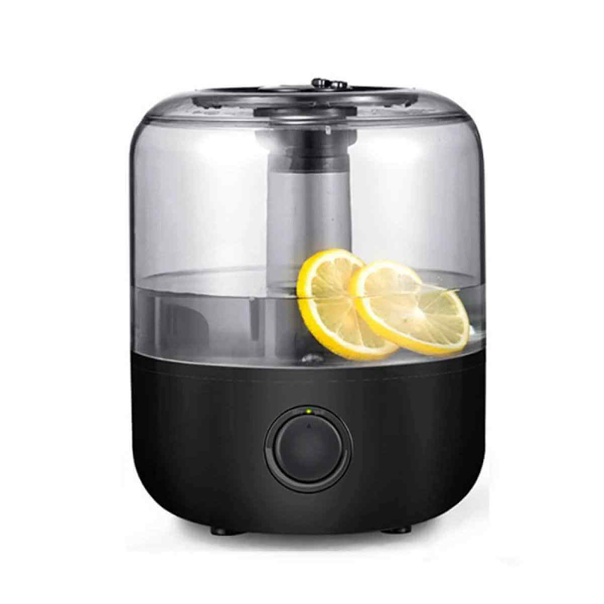 aromatherapy humidifier with sleek design featuring lemon slices and modern black design.