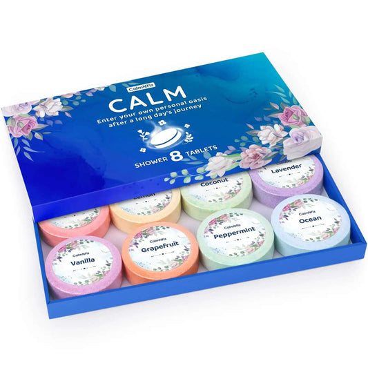 Shower Steamers 8 Pack Set in blue box with fragrances for self-care relaxation for women and men.