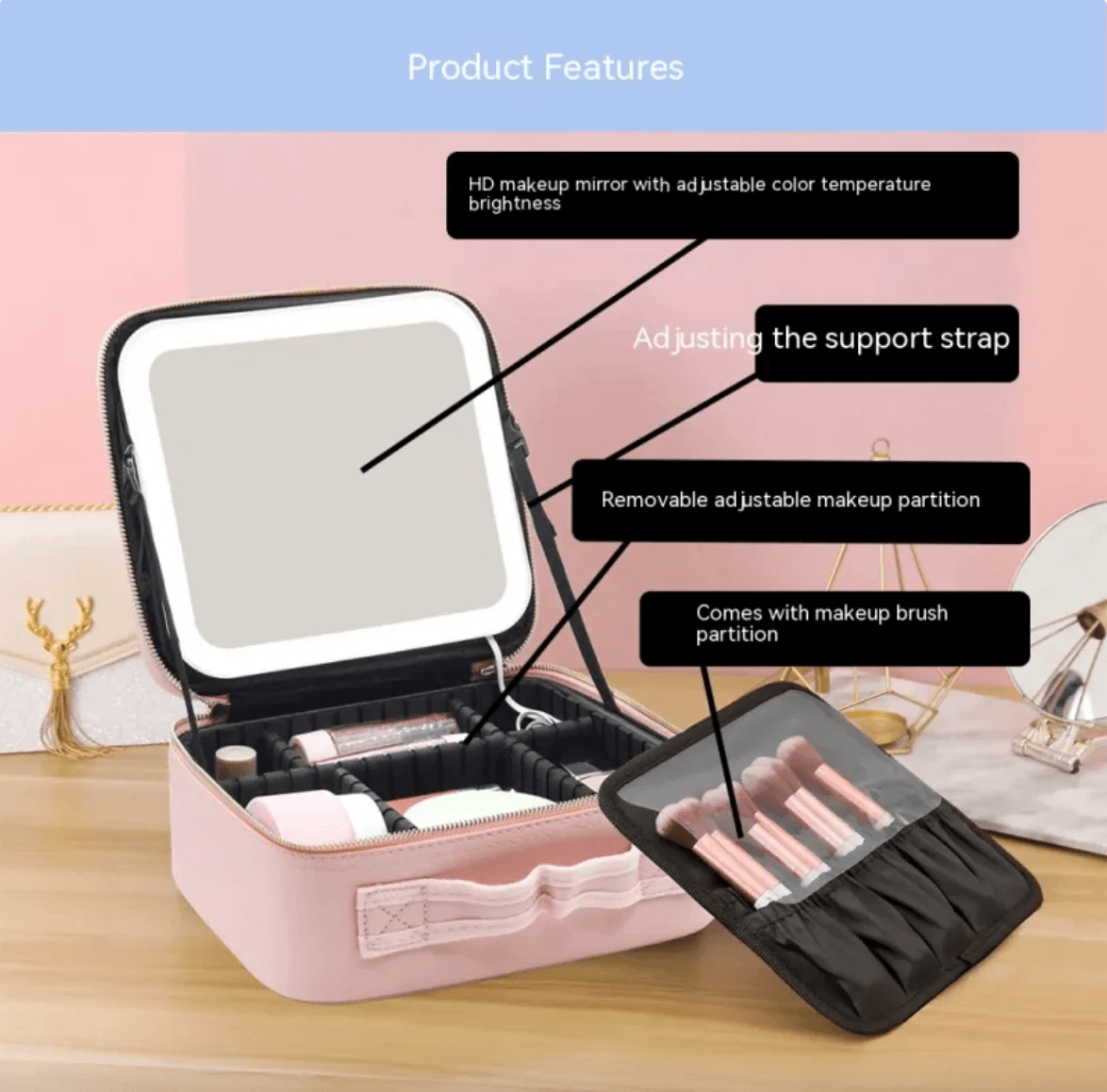 LED Cosmetic Bag with Mirror by Pampering Heaven