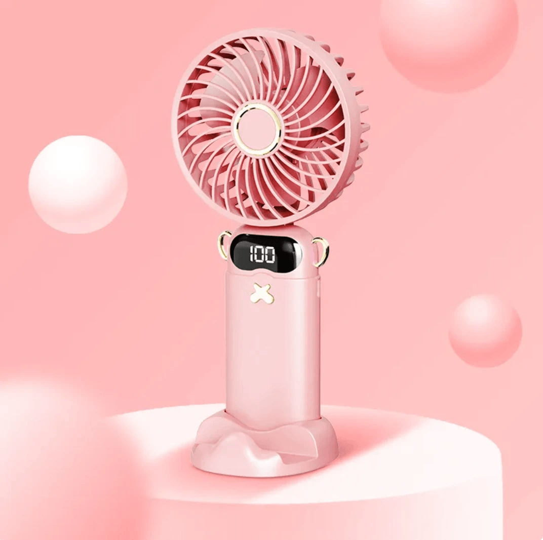 Mini folding aromatherapy fan in pink with digital display, perfect for on-the-go cooling and portable aromatherapy fan.