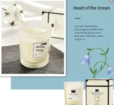 Aromatherapy soy candles labeled Heart of the Ocean, featuring fruity and floral scents for home relaxation.
