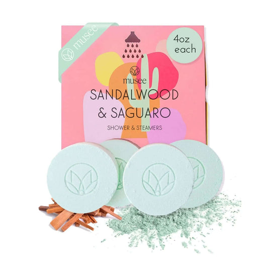 Musee Sandalwood & Saguaro aromatherapy gift set featuring 4 sandalwood shower steamers for relaxing showers.