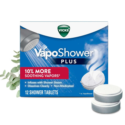 Vicks VapoShower steamers package with eucalyptus and menthol shower tablets for aromatherapy.