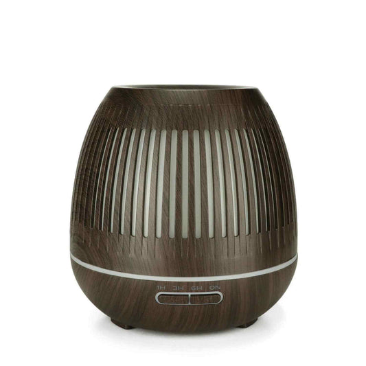 Aromatherapy humidifier with LED lights featuring a sleek wooden design and controls for mist and color selection.
