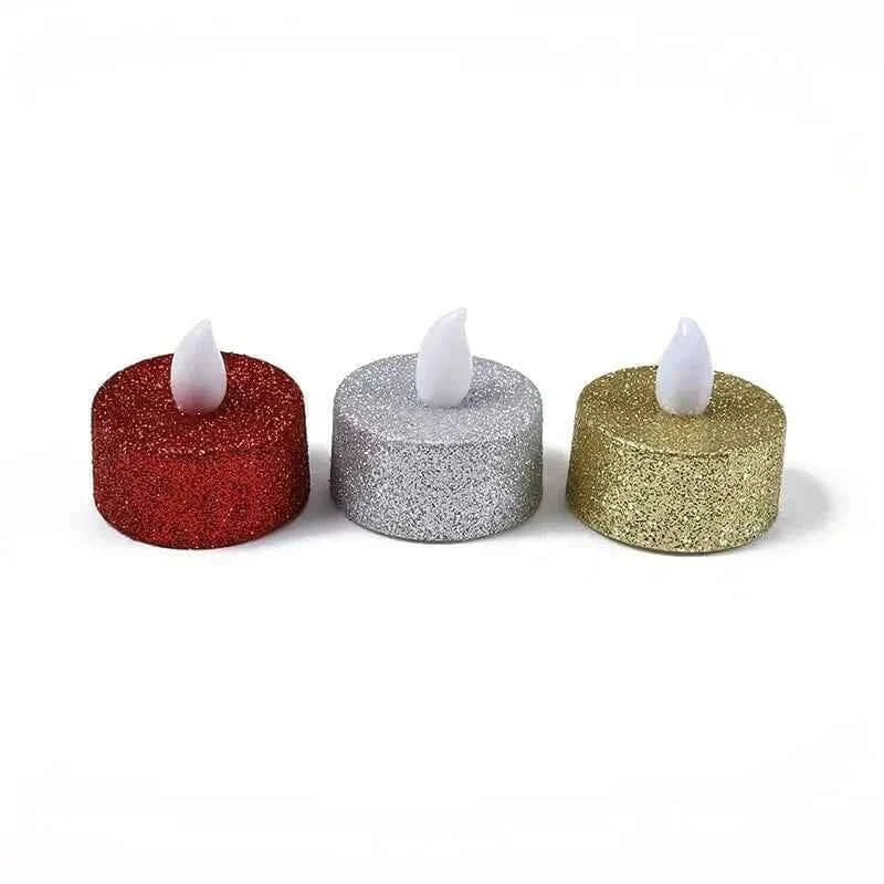 Battery operated tea light candles in red, silver, and gold colors for festive decor and celebrations.