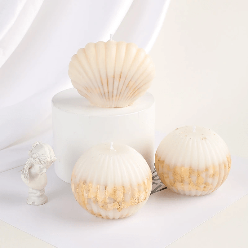 Handmade geometric aromatherapy candles featuring elegant shell and round designs, enhancing home decor and ambiance.