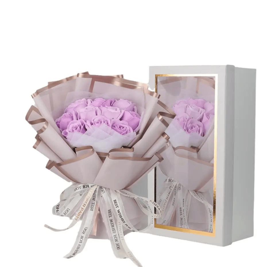 Elegant blue rose soap bouquet gift box with pink roses beautifully arranged.
