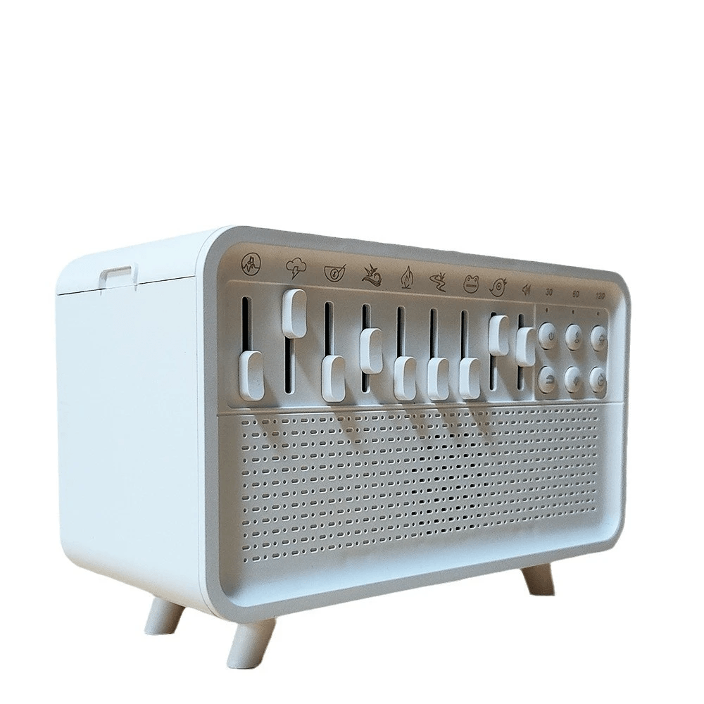 White noise aromatherapy lamp with controls for lighting, sounds, and humidification.