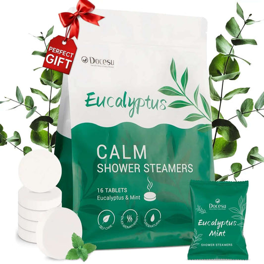 Docesu Eucalyptus Shower Steamers 16 pack for stress relief and relaxation, perfect for spa-like showers at home.