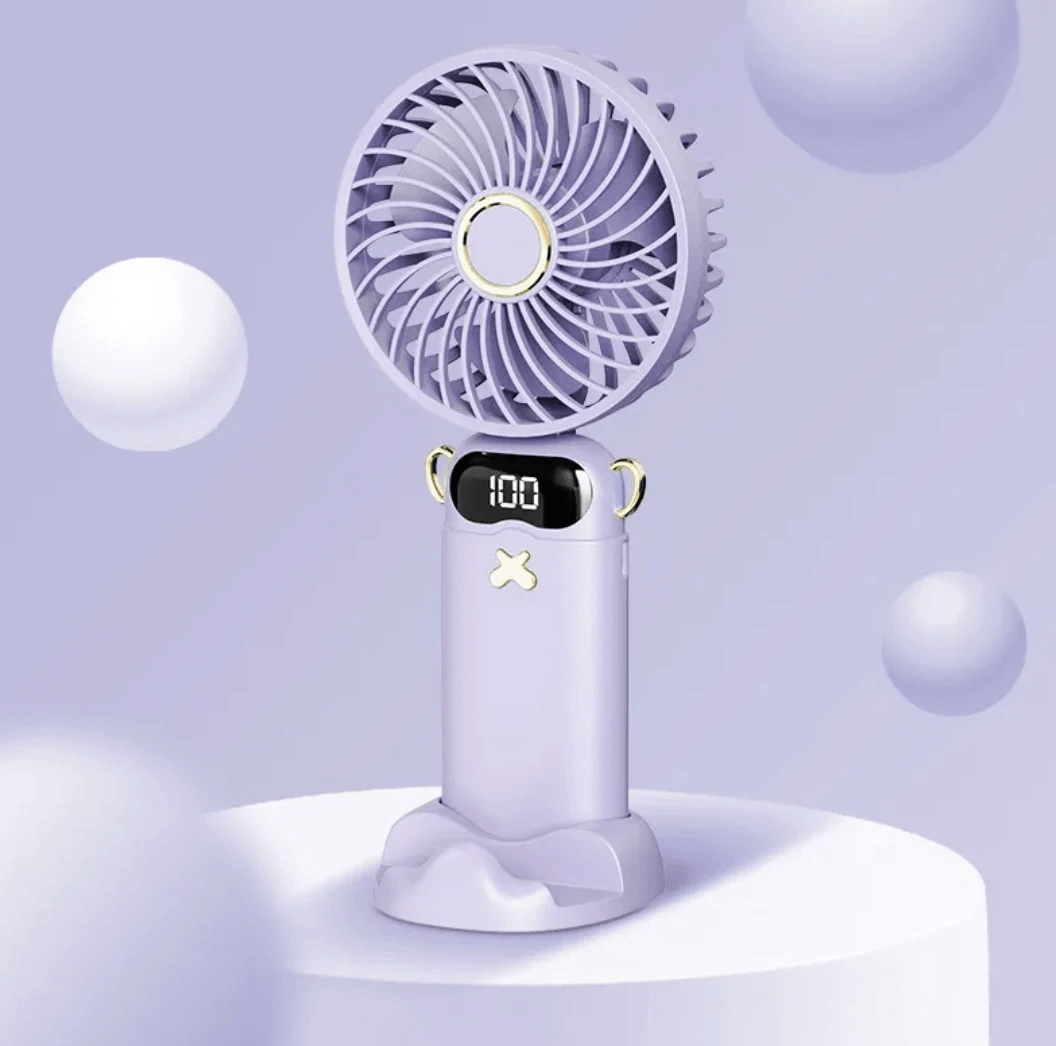 Portable aromatherapy fan in lavender color with digital display, ideal for cooling and scent enjoyment.