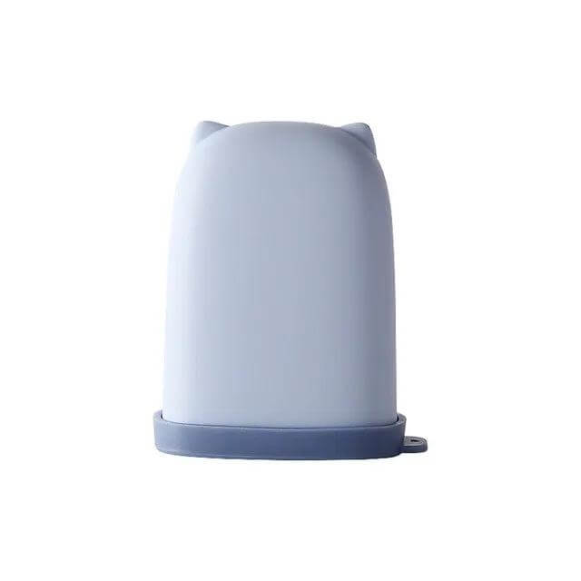 Waterproof silicone soap dish, portable travel container in light blue with cute cat ears design.