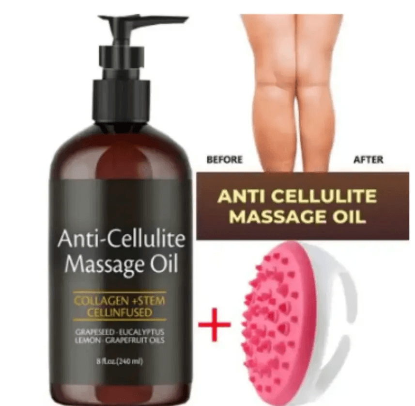 Anti Cellulite Massage Oil bottle with before and after images showcasing its benefits for smoother skin.
