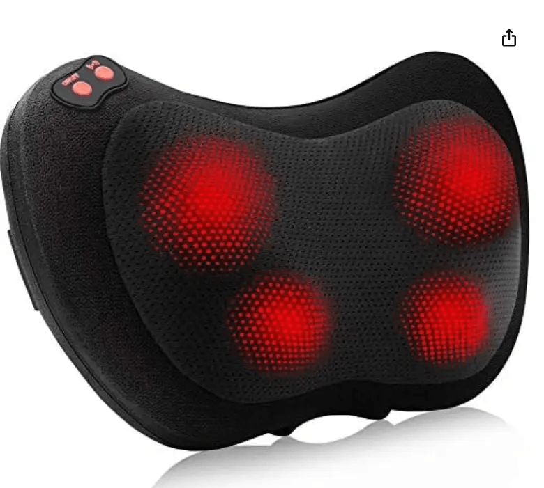 Infrared massage pillow with four red massage nodes for deep tissue relaxation and infrared heating.