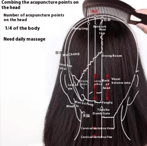 Person using a scalp massage comb to stimulate acupuncture points on the head for relaxation and wellness.