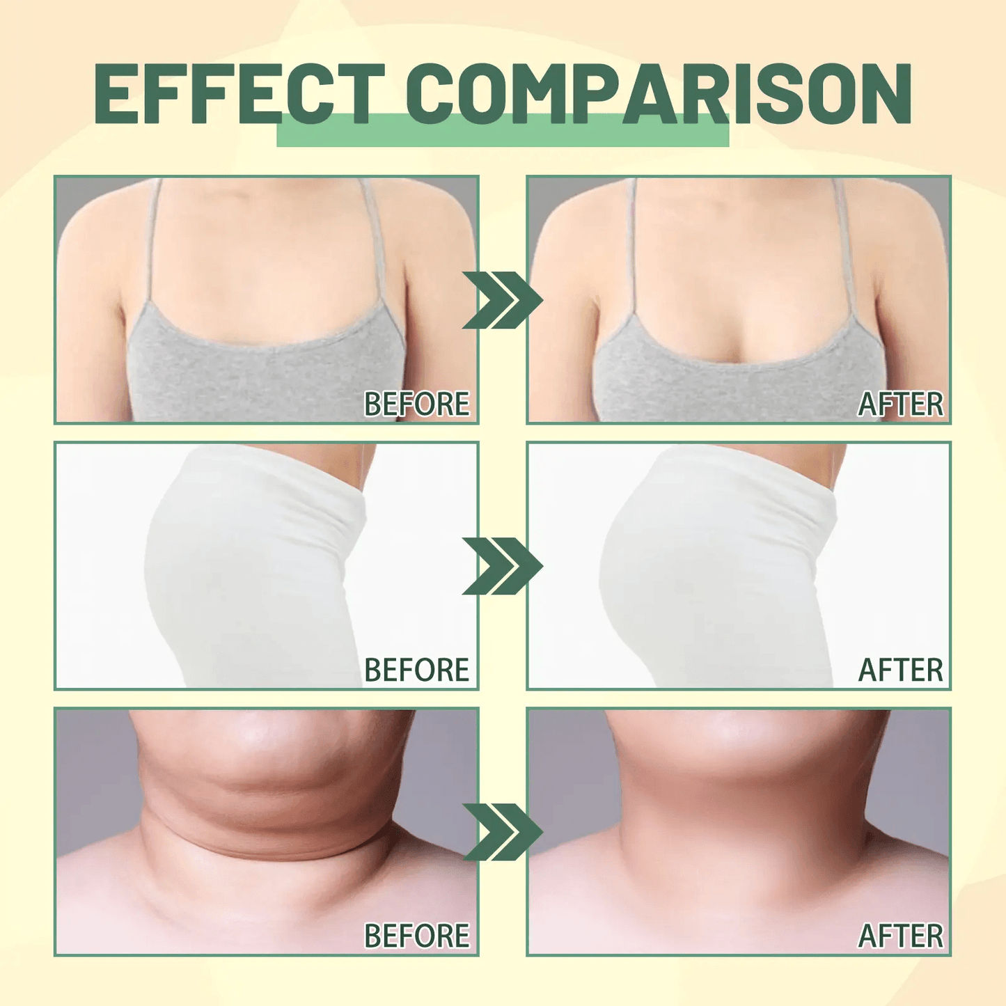 Before and after effects comparison for Collagen Body Treatment Oil on skin areas including bust, abdomen, and neck.