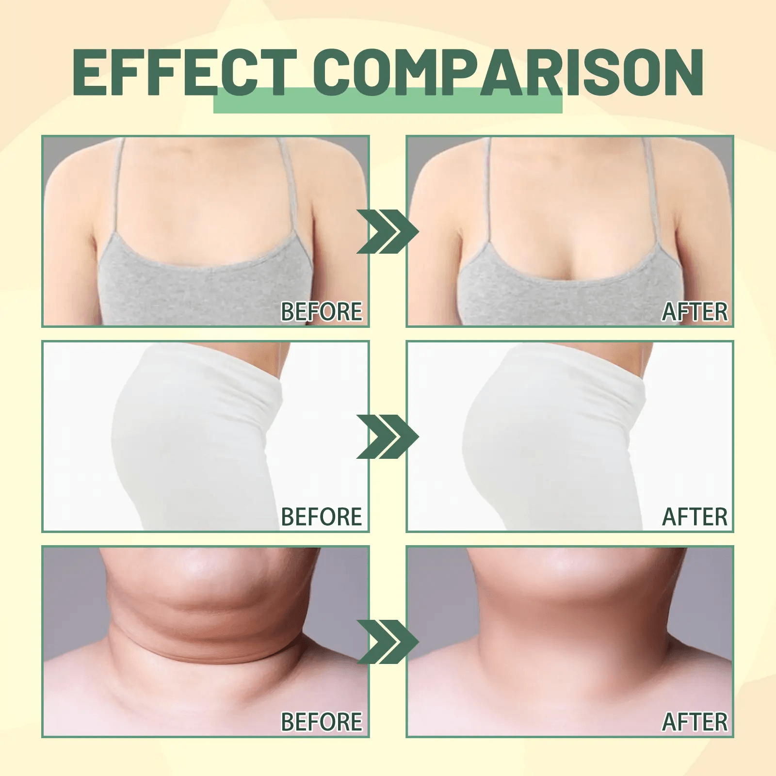 Before and after effects comparison for Collagen Body Treatment Oil on skin areas including bust, abdomen, and neck.